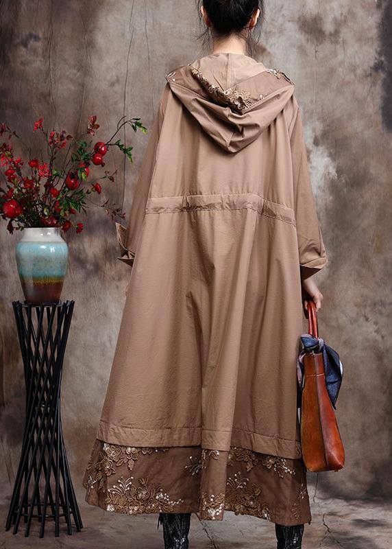 Modern Hooded Plus Size Coat For Woman Khaki Embroidery Trench Coat - bagstylebliss