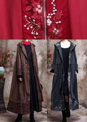 Modern Hooded Plus Size Coat For Woman Khaki Embroidery Trench Coat - bagstylebliss