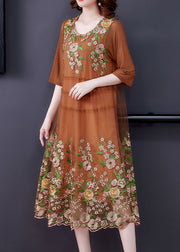 Modern Khaki Embroideried Patchwork Maxi Dresses Spring