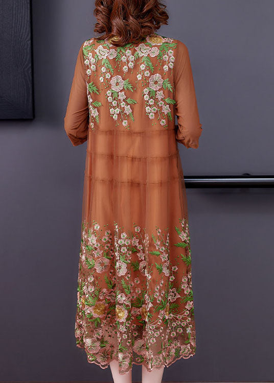 Modern Khaki Embroideried Patchwork Maxi Dresses Spring