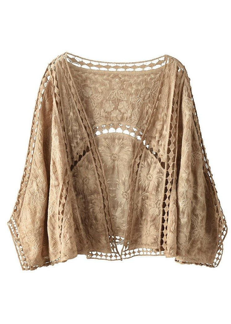 Modern Khaki Jacquard Hollow Out Cotton Short Cardigans - bagstylebliss