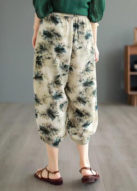 Modern Khaki Print Tie Waist Pockets Ice Silk Crop Pants