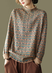 Modern Khaki Turtle Neck Print Knitted Tops Long Sleeve