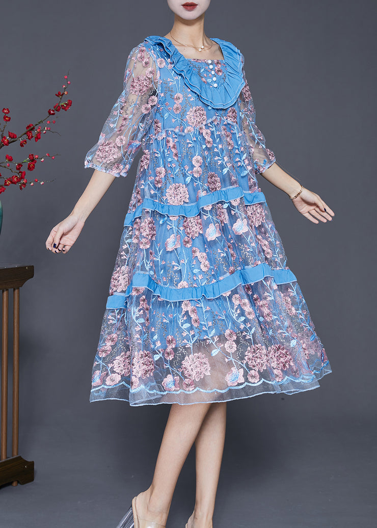 Modern Lake Blue Ruffled Patchwork Embroidered Tulle Dress Summer