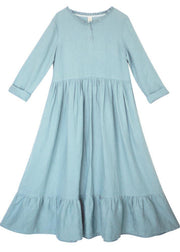 Modern Light Blue Tunic Dress O Neck Ruffles Long Spring Dresses - bagstylebliss