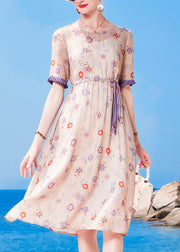 Modern Light Purple O-Neck Drawstring Print Linen Party Dress Short Sleeve