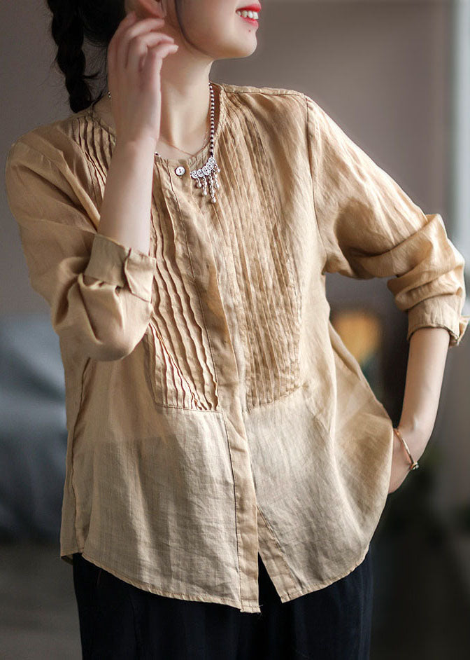 Modern Light Yellow Wrinkled Linen Shirts Long Sleeve