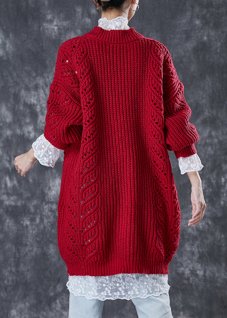 Modern Mulberry V Neck Hollow Out Cable Knit Sweater Dress Winter