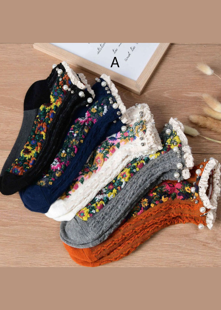 Modern Nail bead Ruffles Floral Cotton Ankle Socks