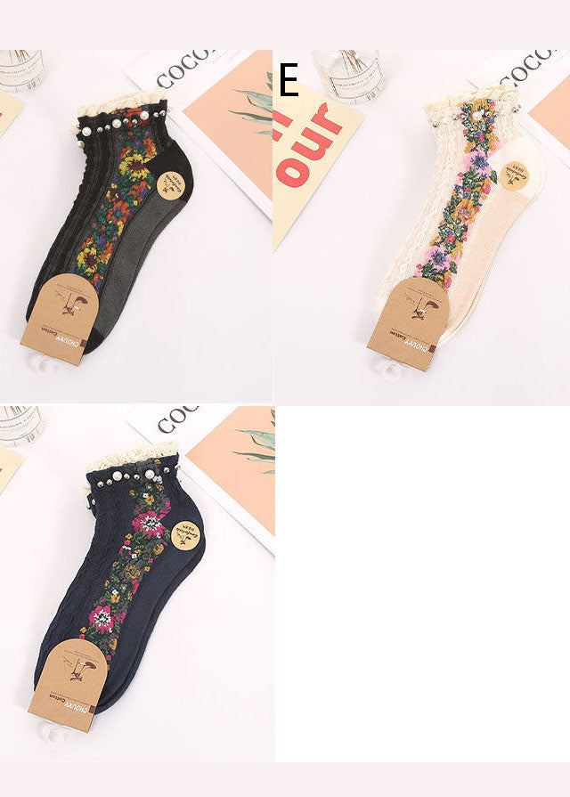 Modern Nail bead Ruffles Floral Cotton Ankle Socks