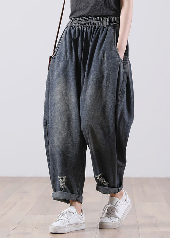 Modern Navy Elastic Waist Pockets Harem Denim Fall Pants