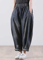 Modern Navy Elastic Waist Pockets Harem Denim Fall Pants