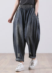 Modern Navy Elastic Waist Pockets Harem Denim Fall Pants