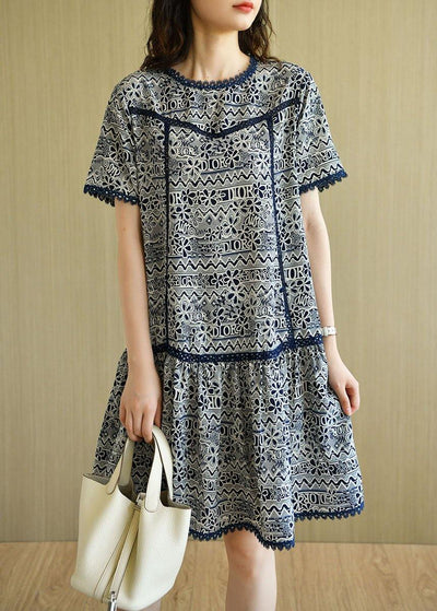 Modern Navy O-Neck Print Summer Chiffon Dresses Short Sleeve - bagstylebliss