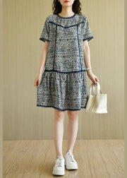 Modern Navy O-Neck Print Summer Chiffon Dresses Short Sleeve - bagstylebliss