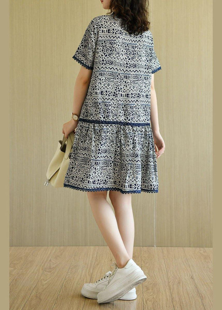 Modern Navy O-Neck Print Summer Chiffon Dresses Short Sleeve - bagstylebliss