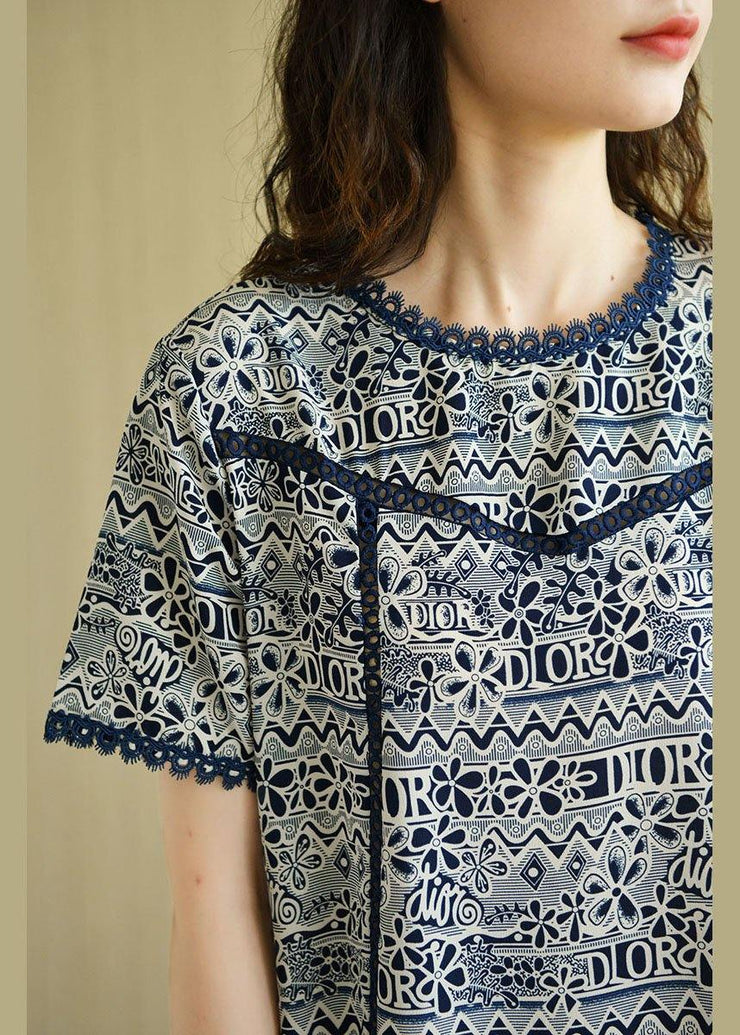 Modern Navy O-Neck Print Summer Chiffon Dresses Short Sleeve - bagstylebliss