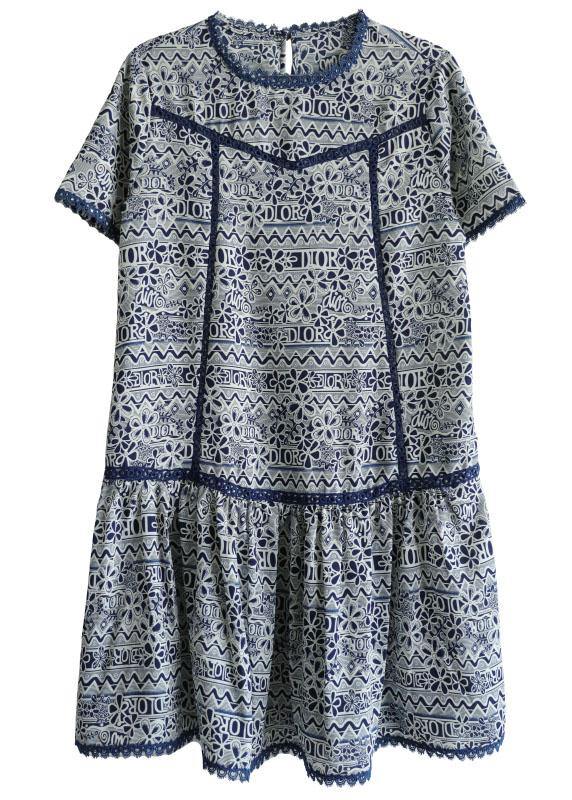 Modern Navy O-Neck Print Summer Chiffon Dresses Short Sleeve - bagstylebliss