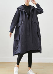 Modern Navy Oversized Patchwork Pockets Cotton Coat Outwear Fall