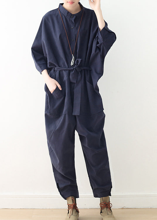 Modern Navy Oversized Tie Waist Cotton Overalls Jumpsuit Fall