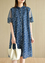 Modern Navy Peter Pan Collar Button Patchwork Tulle Summer Dresses Short Sleeve - bagstylebliss