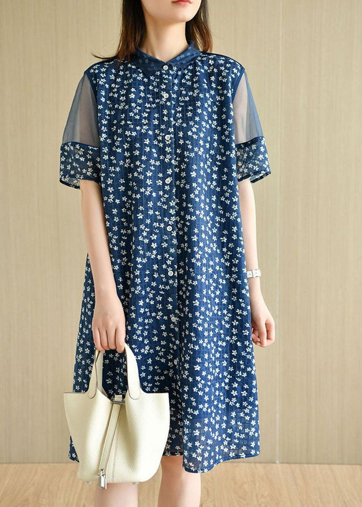 Modern Navy Peter Pan Collar Button Patchwork Tulle Summer Dresses Short Sleeve - bagstylebliss