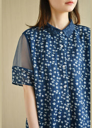 Modern Navy Peter Pan Collar Button Patchwork Tulle Summer Dresses Short Sleeve - bagstylebliss