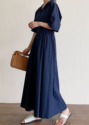 Modern Navy Peter Pan Collar wrinkled Cotton Dress Half Sleeve