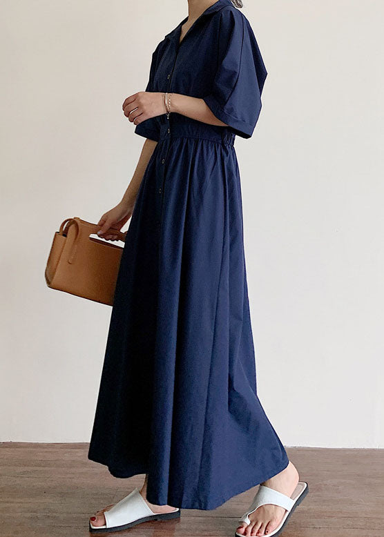 Modern Navy Peter Pan Collar wrinkled Cotton Dress Half Sleeve