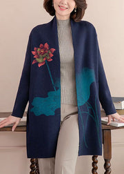 Modern Navy Pockets Floral Print Woolen Cardigans Long Sleeve