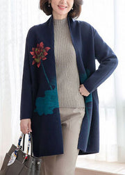 Modern Navy Pockets Floral Print Woolen Cardigans Long Sleeve