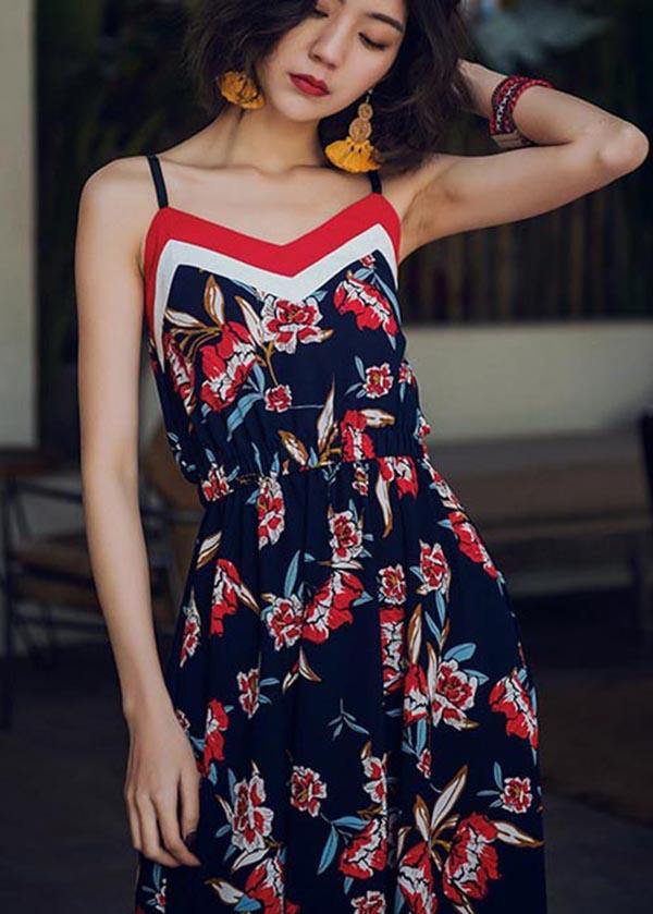 Modern Navy Print Backless Cotton  Maxi Dresses - bagstylebliss