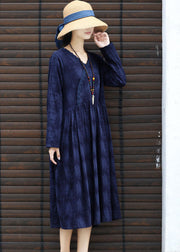 Modern Navy V Neck Patchwork Cotton Party Dress Long Sleeve