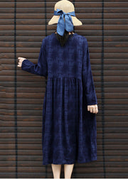 Modern Navy V Neck Patchwork Cotton Party Dress Long Sleeve