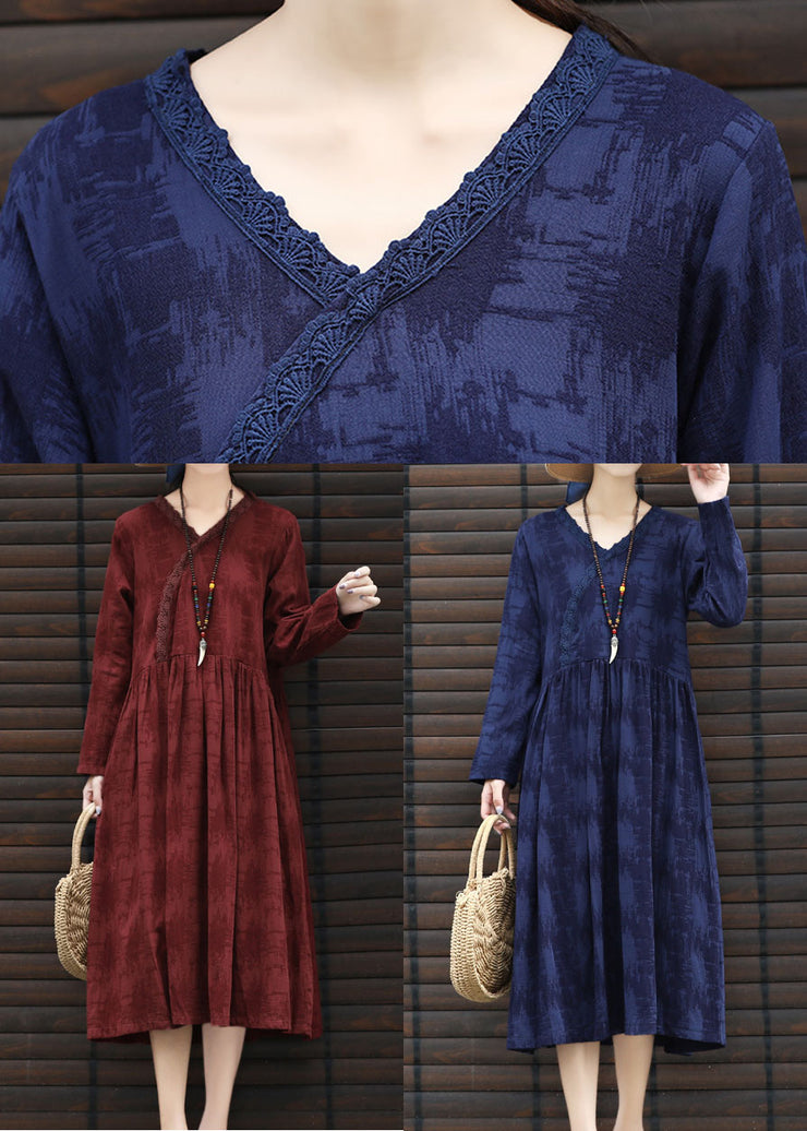 Modern Navy V Neck Patchwork Cotton Party Dress Long Sleeve