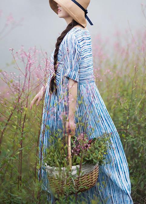 Modern O Neck Patchwork Summer Dress Sewing Blue Striped Maxi Dresses - bagstylebliss