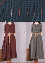 Modern O Neck Tie Waist Spring Wardrobes Shirts Burgundy Striped Dresses - bagstylebliss