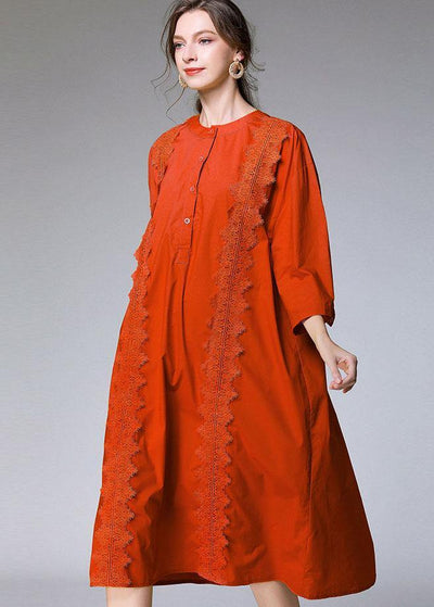 Modern Orange Embroideried Patchwork Fall Cotton Vacation Dress Three Quarter Sleeve - bagstylebliss