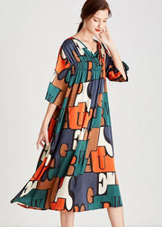 Modern Orange Green Print V Neck Summer Holiday Dress Half Sleeve - bagstylebliss