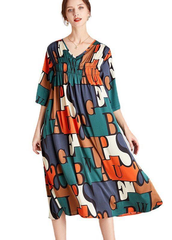 Modern Orange Green Print V Neck Summer Holiday Dress Half Sleeve - bagstylebliss