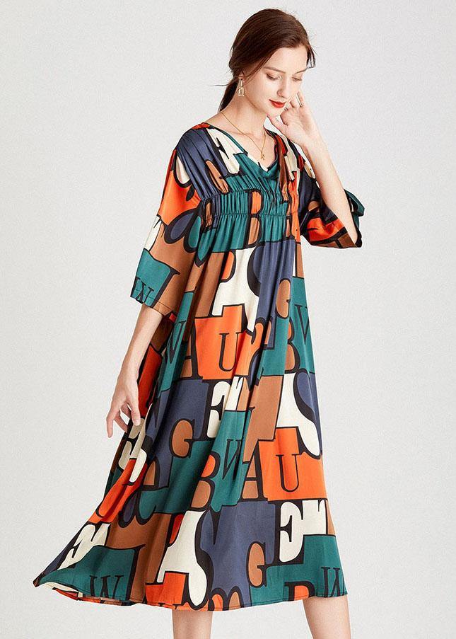 Modern Orange Green Print V Neck Summer Holiday Dress Half Sleeve - bagstylebliss