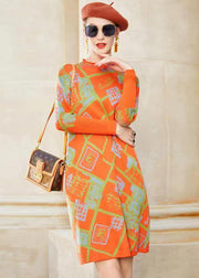 Modern Orange Stand Collar Jacquard Patchwork Woolen Dress Winter