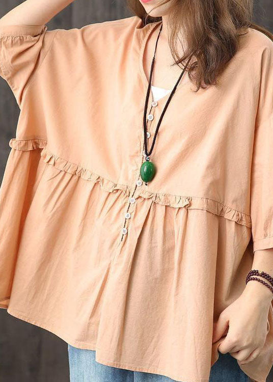 Modern Orange V Neck Button Patchwork Ruffled Fall Shirts Half Sleeve