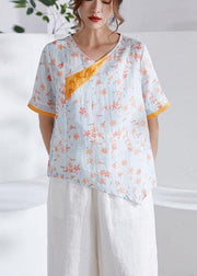 Modern Orange V-Neck Patchwork Print Summer Ramie Top - bagstylebliss