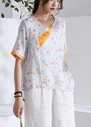 Modern Orange V-Neck Patchwork Print Summer Ramie Top - bagstylebliss