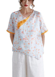 Modern Orange V-Neck Patchwork Print Summer Ramie Top - bagstylebliss