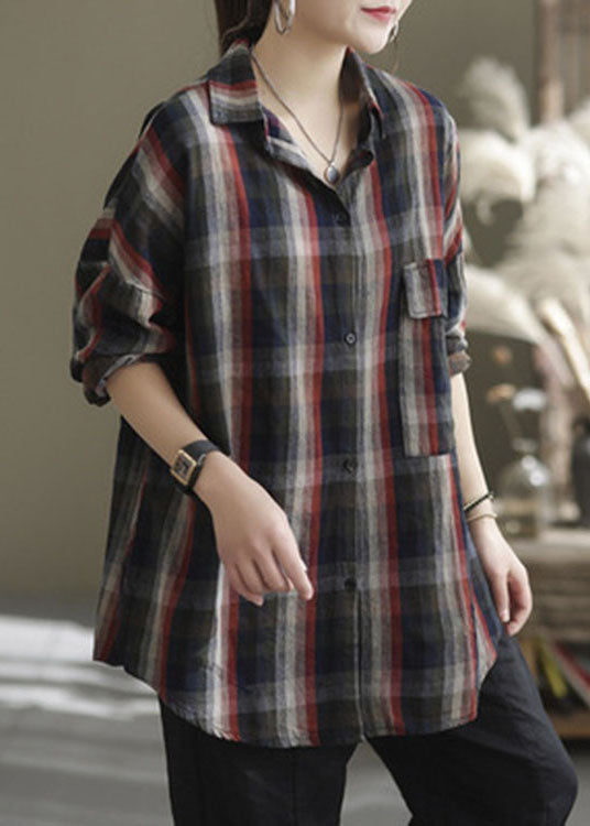 Modern Peter Pan Collar Plaid Cotton Shirts Spring