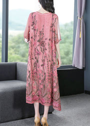 Modern Pink O-Neck Embroidered Silk A Line Dress Half Sleeve