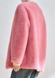 Modern Pink O-Neck Pockets Button Faux Fur Jackets Winter