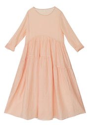 Modern Pink Patchwork Linen asymmetrical design Summer Ankle Dress - bagstylebliss
